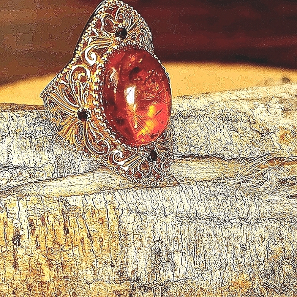 Amber and Garnet Ring in Gold